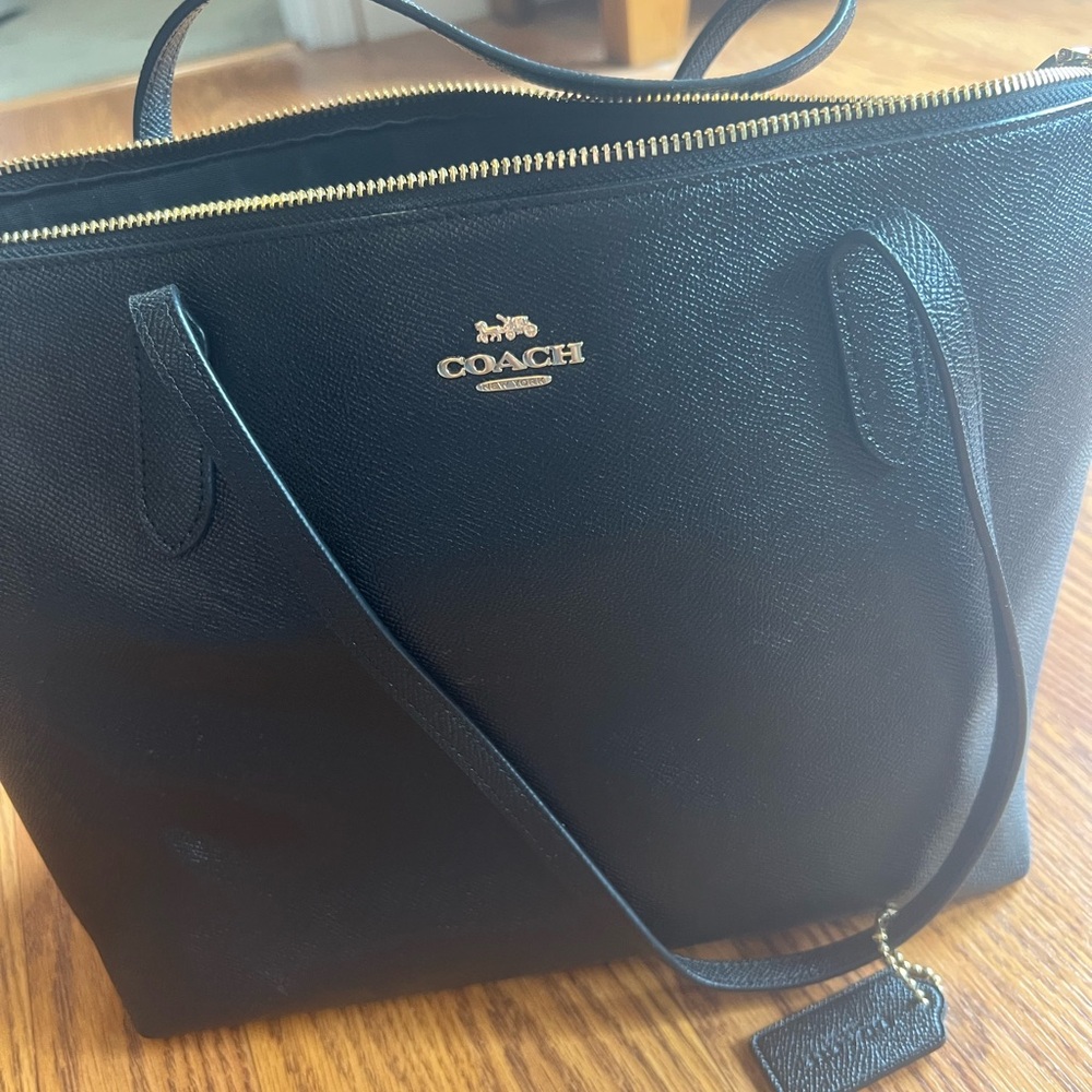 Coach Black Leather Tote with Gold Logo and Zip